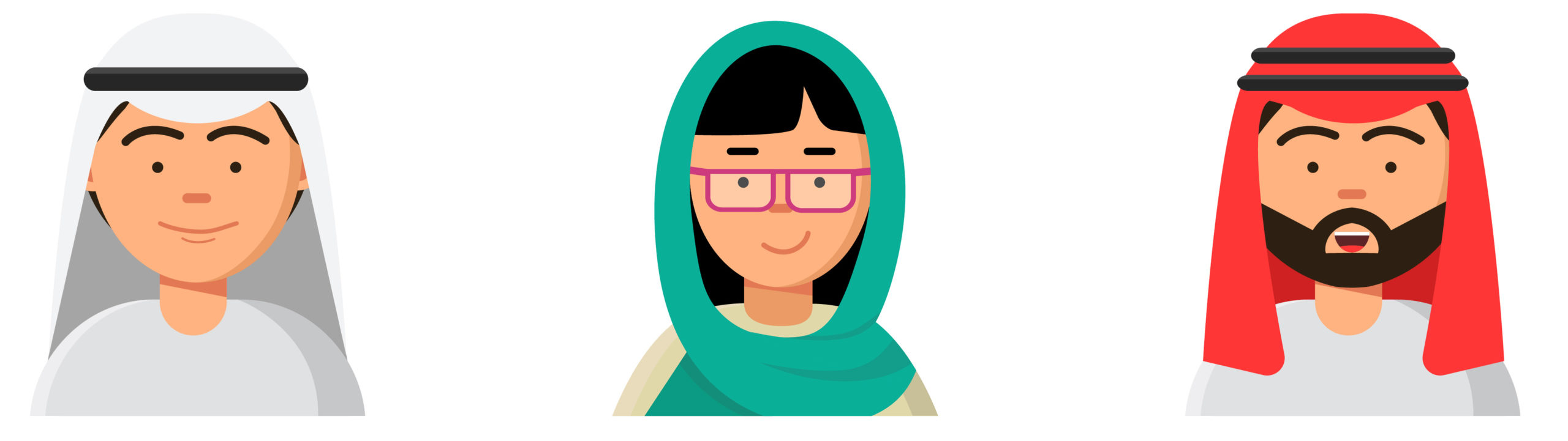 Islam people icon. Web arabic avatars muslim heads of male and female in hijab niqab vector saudi faces in flat style