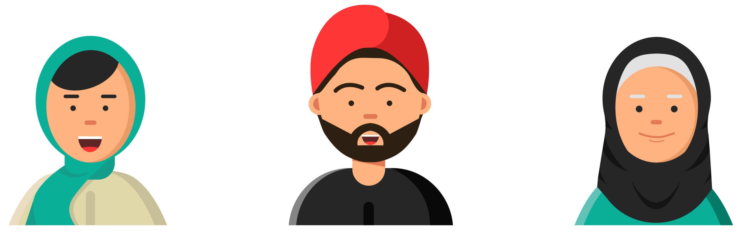 Islam people icon. Web arabic avatars muslim heads of male and female in hijab niqab vector saudi faces in flat style