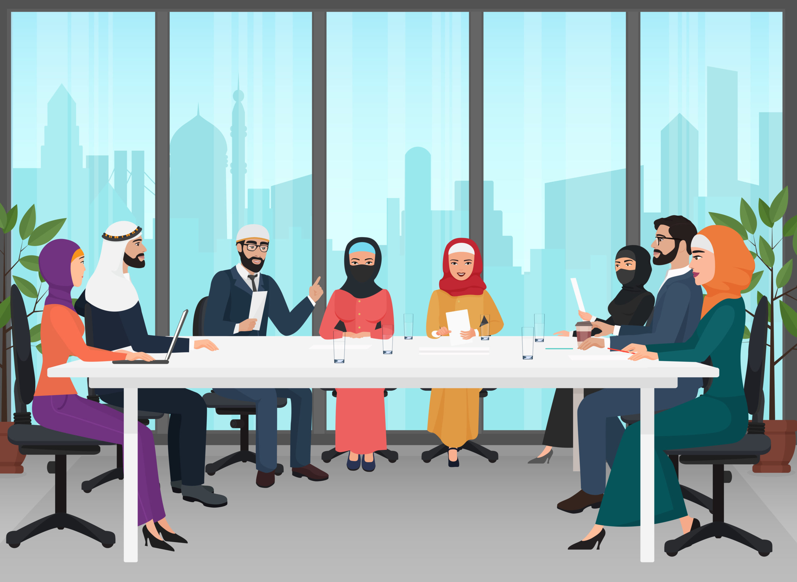 Arab business people discussing meeting modern office desk. Muslim conference flat cartoon vector Illustration.