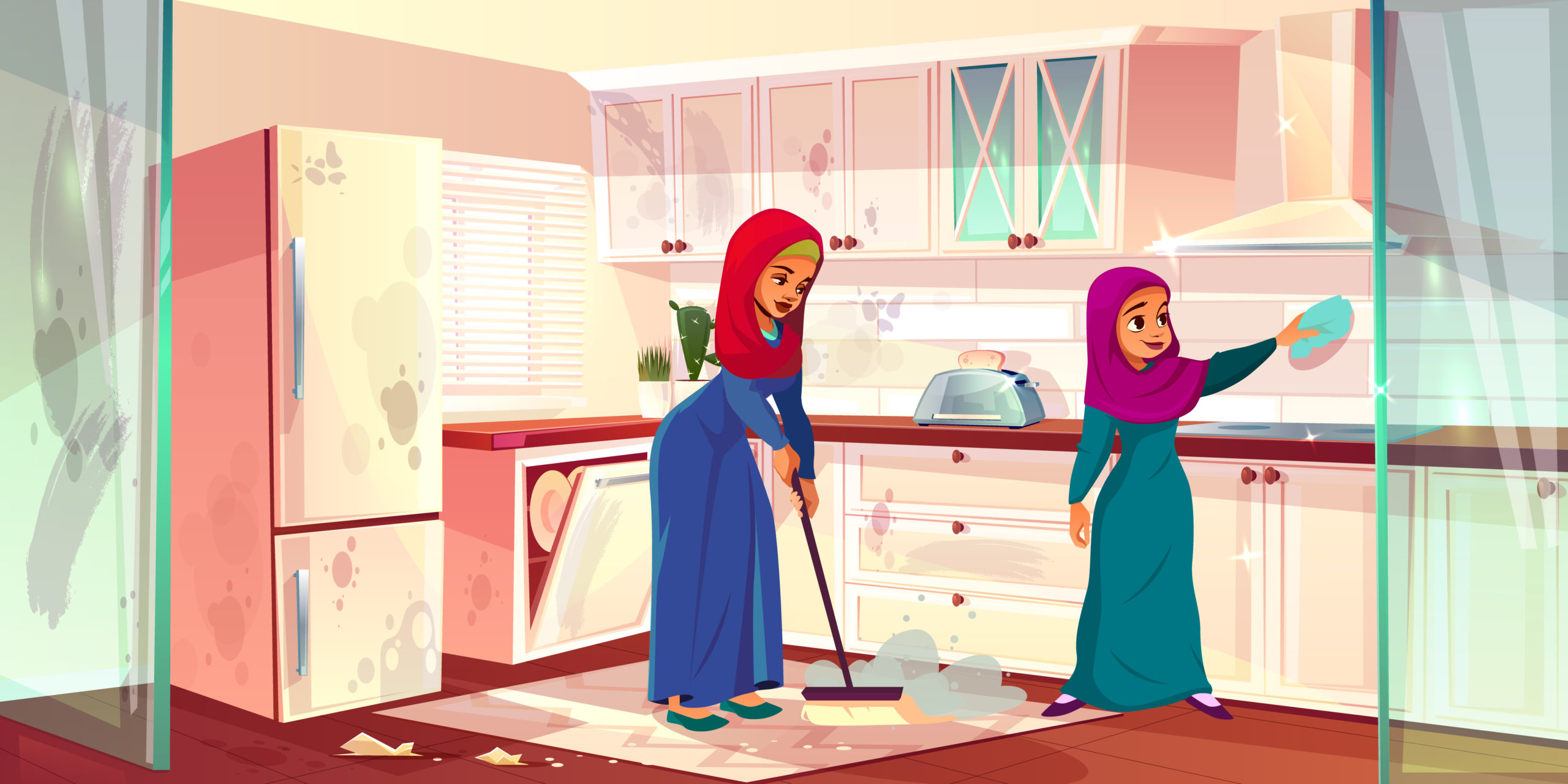 Vector Arabian ladies wash kitchen. Servants cleaning