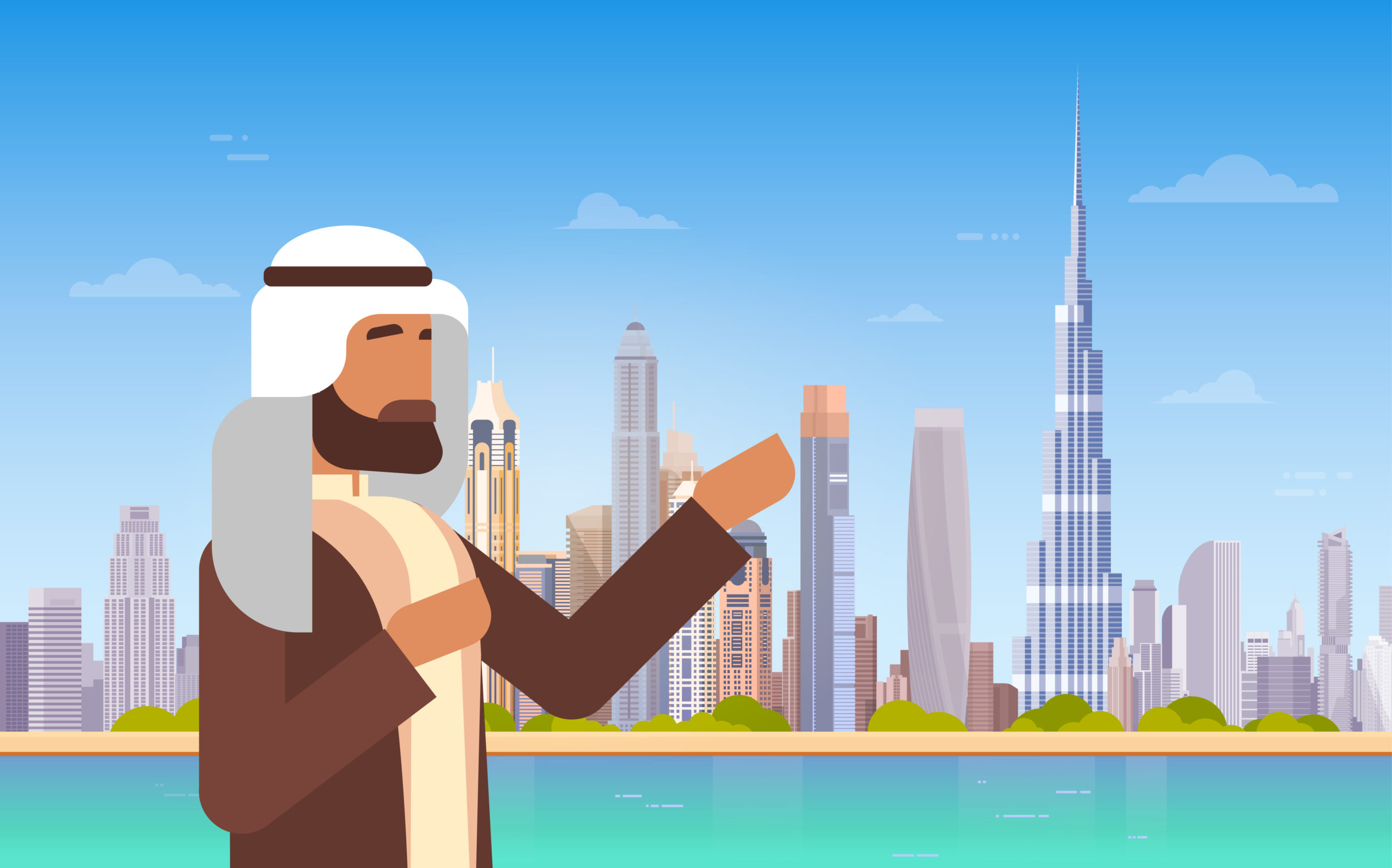 Arab Man Showing Dubai Skyline Panorama, Modern Building Cityscape Business Travel And Tourism Concept