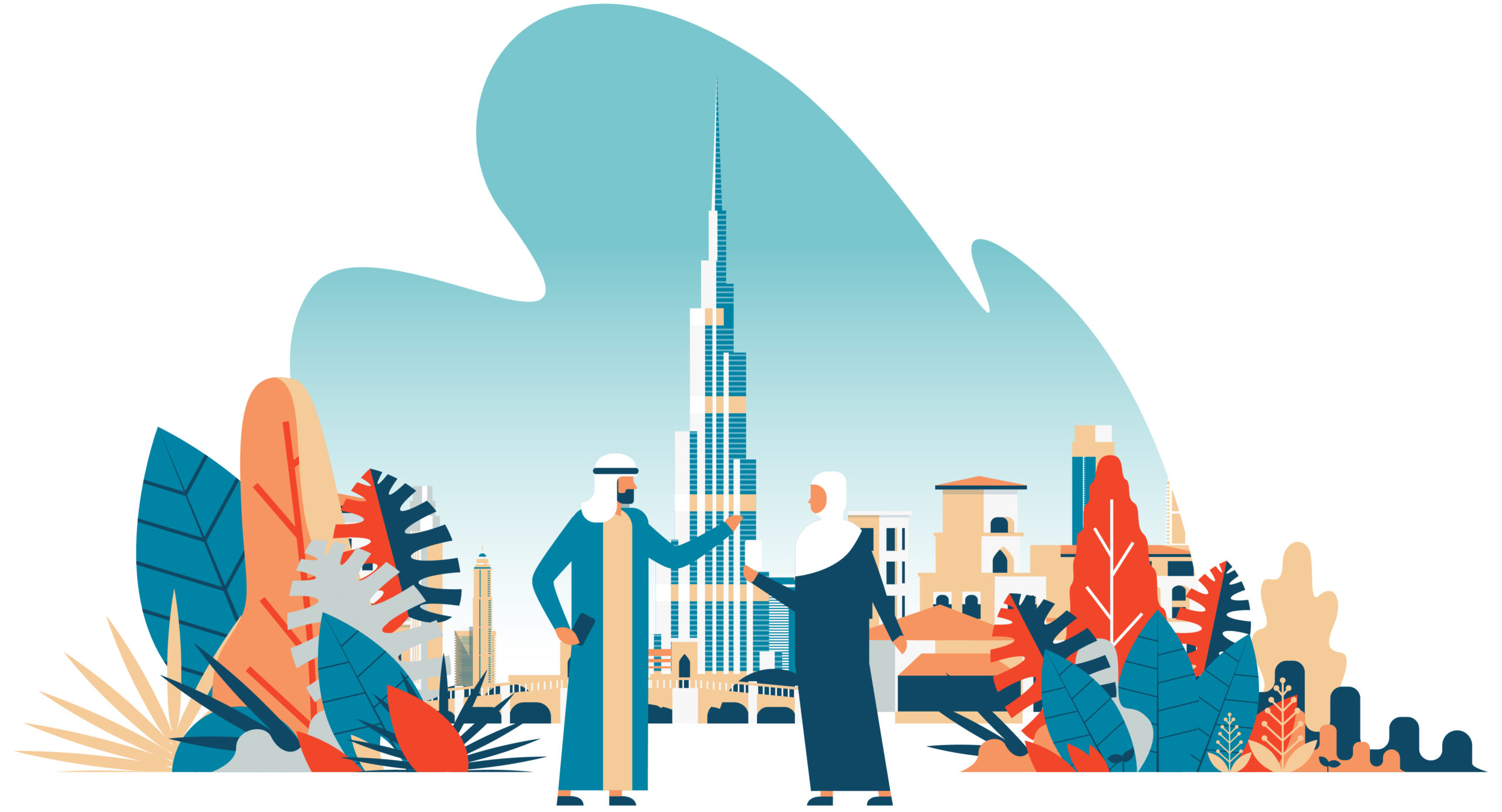 Arab couple walking Dubai modern building cityscape skyline business travel concept female male silhouette cartoon character horizontal copy space flat
